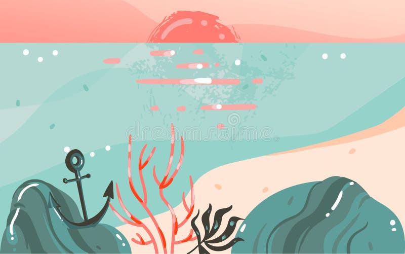 Hand drawn vector abstract cartoon summer time graphic illustrations art template banner background with ocean beach landscape,pink sunset view with copy space place for your design. Hand drawn vector abstract cartoon summer time graphic illustrations art template banner background with ocean beach landscape,pink sunset view with copy space place for your design.