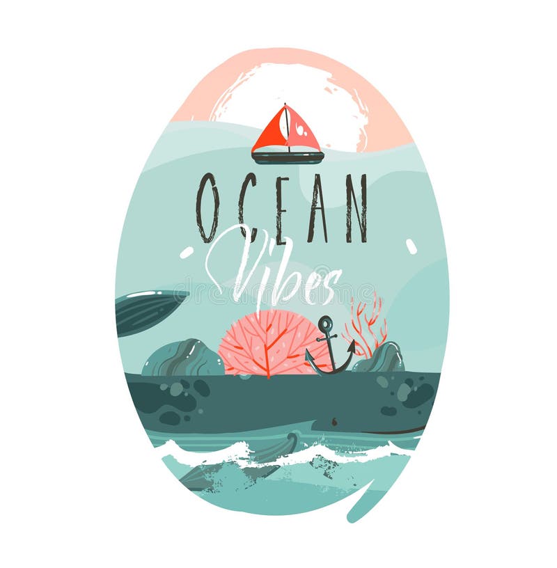 Hand drawn vector abstract cartoon summer time graphic illustrations art template badge background with ocean beach landscape,big whale,sunset scene and Ocean vibes typography quote. Hand drawn vector abstract cartoon summer time graphic illustrations art template badge background with ocean beach landscape,big whale,sunset scene and Ocean vibes typography quote.