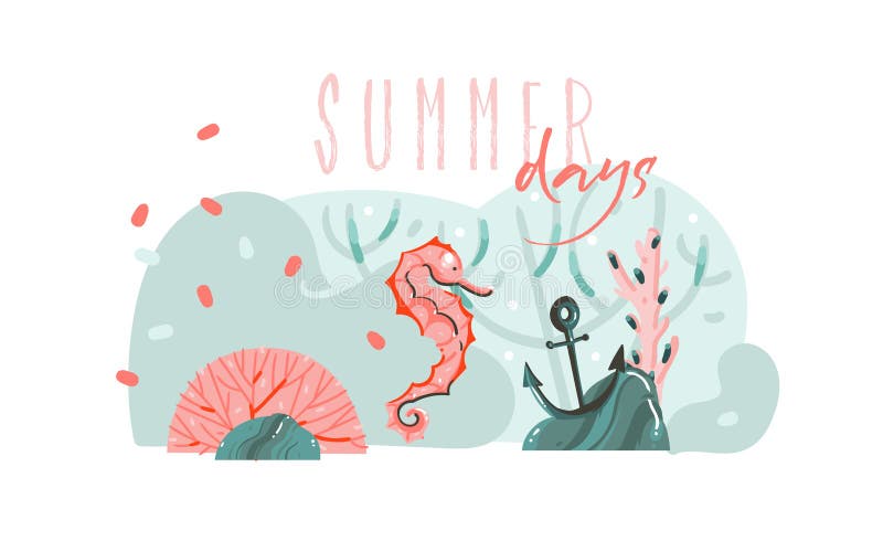 Hand drawn vector abstract cartoon summer time graphic illustrations art template background with ocean bottom,beauty seahorse and Summer days typography quote isolated on blue water waves. Hand drawn vector abstract cartoon summer time graphic illustrations art template background with ocean bottom,beauty seahorse and Summer days typography quote isolated on blue water waves.