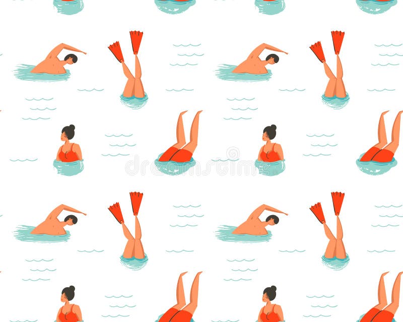 Hand drawn vector abstract cartoon summer time fun illustration seamless pattern with swimming people isolated on white background. Hand drawn vector abstract cartoon summer time fun illustration seamless pattern with swimming people isolated on white background.