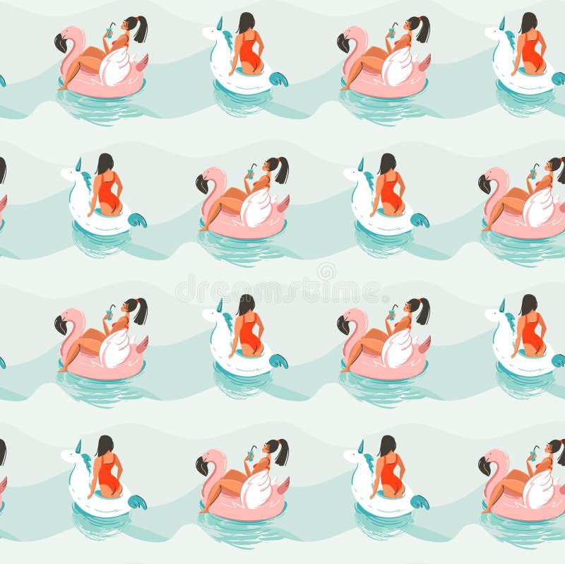 Hand drawn vector abstract fun summer time illustration seamless pattern with girlrs swimming on pink flamingo and unicorn floats circles in blue ocean waves. Hand drawn vector abstract fun summer time illustration seamless pattern with girlrs swimming on pink flamingo and unicorn floats circles in blue ocean waves.