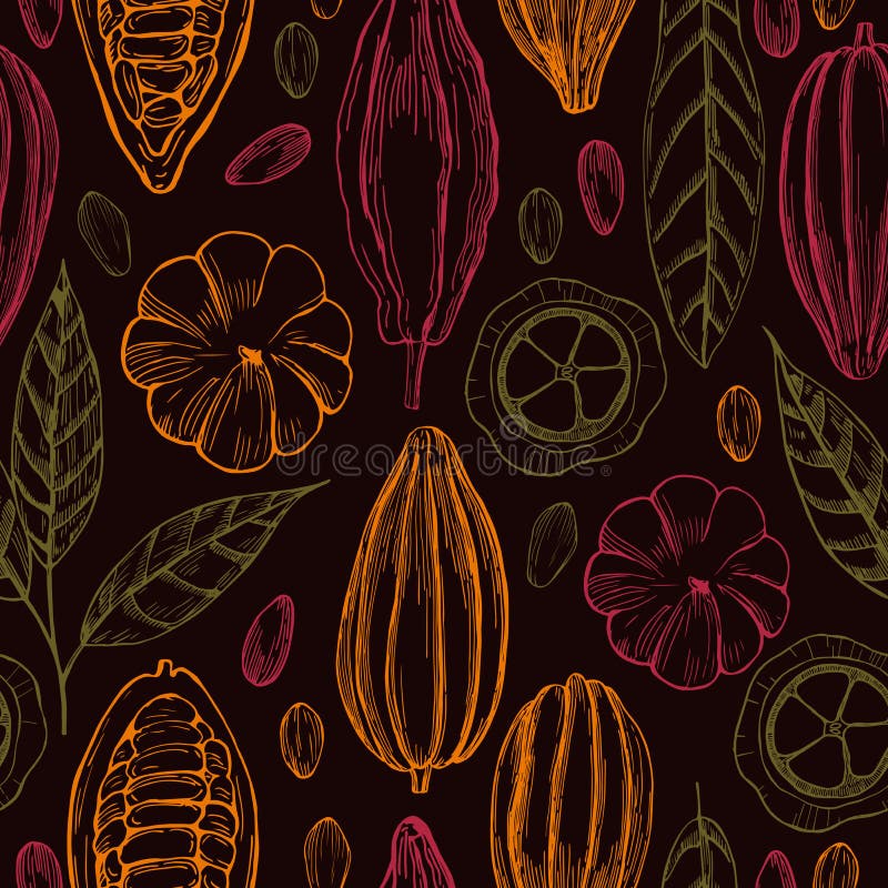 Hand drawn cocoa bean on brown background. Vector seamless pattern. Hand drawn cocoa bean on brown background. Vector seamless pattern.