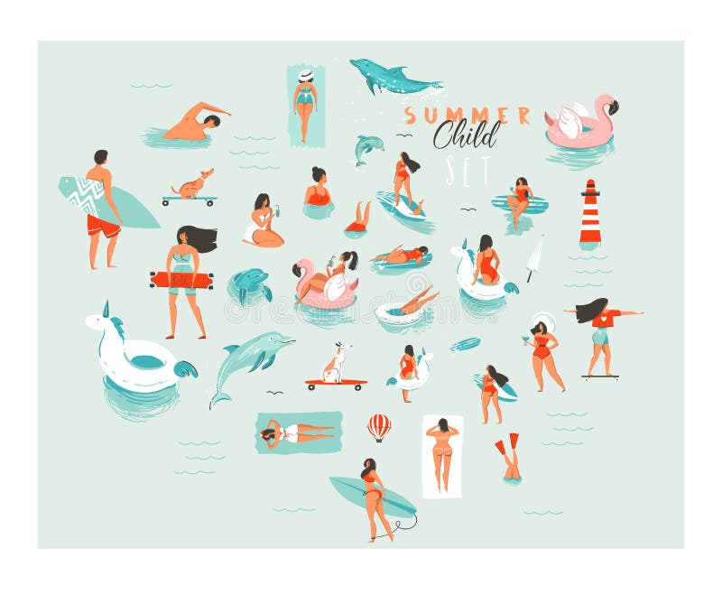 Hand drawn vector abstract cartoon summer time fun big swimming people group collection illustrations set isolated on blue ocean waves. Hand drawn vector abstract cartoon summer time fun big swimming people group collection illustrations set isolated on blue ocean waves