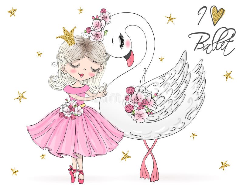 Συρμένος χέρι όμορφος, καλός, λίγο κορίτσι ballerina με τις φακίδες και τα λουλούδια στο κεφάλι της απεικόνιση αποθεμάτων