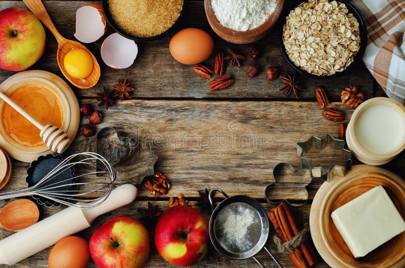 Ingredients for baking: apples, nuts, honey, flour and butter. toning. selective focus. Ingredients for baking: apples, nuts, honey, flour and butter. toning. selective focus