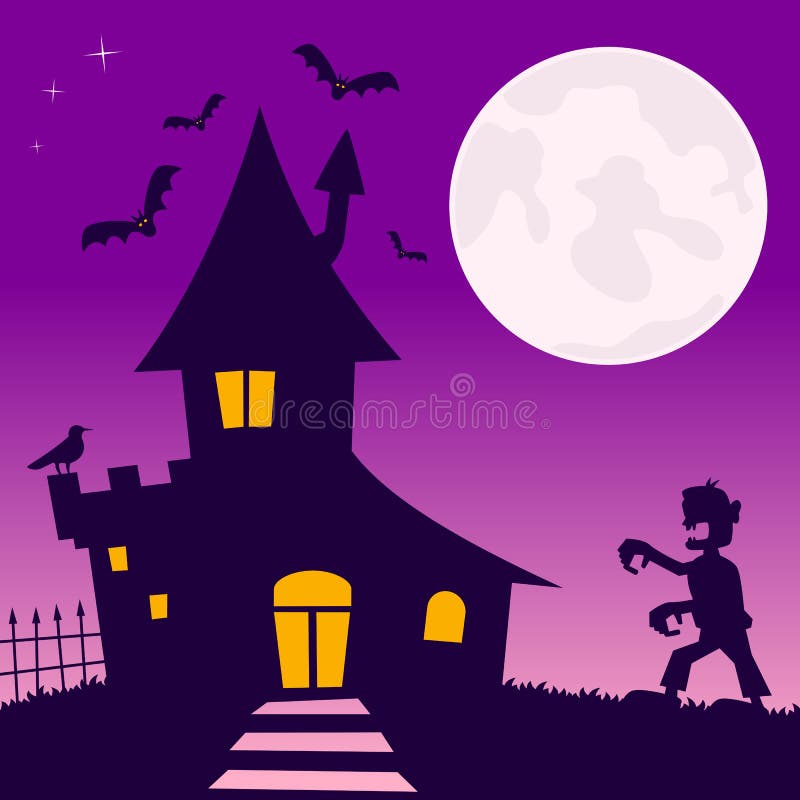 Halloween night scene background with the moon over a haunted house with a zombie walking and bats flying. Eps file available. Halloween night scene background with the moon over a haunted house with a zombie walking and bats flying. Eps file available.