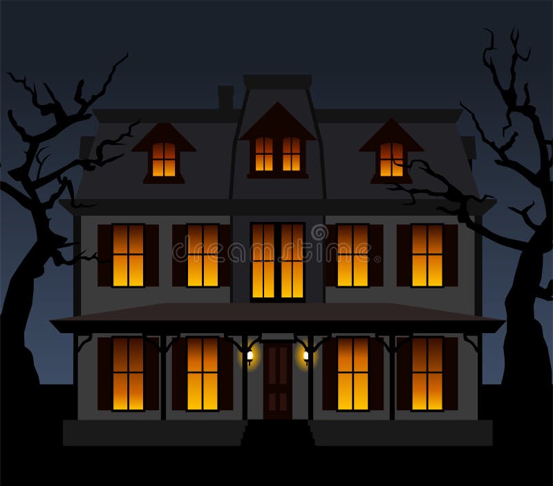 Vector illustration of haunted house with lighting windows and trees in the night. Vector illustration of haunted house with lighting windows and trees in the night.