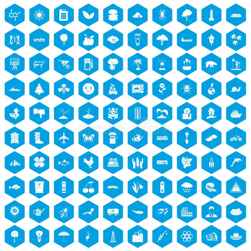 100 global warming icons set in blue hexagon isolated vector illustration. 100 global warming icons set in blue hexagon isolated vector illustration