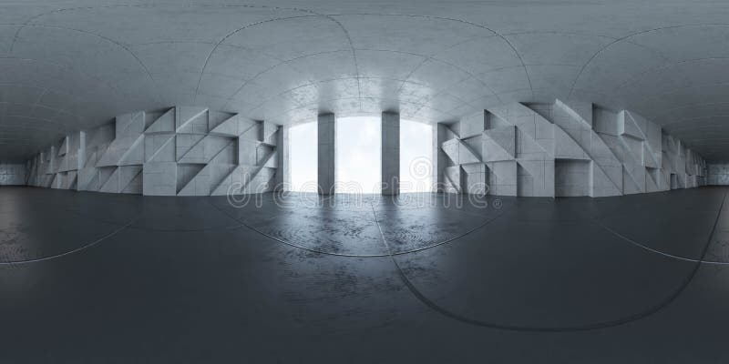 360 σφαιρική πανοραμική άποψη της σύγχρονης μελλοντικής αρχιτεκτονικής σκυροδέματος 3d απεικόνιση