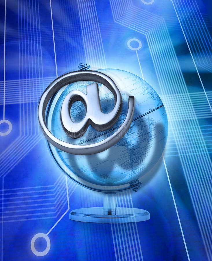 A metal email alias symbol or at sign with a computer circuit board background and a world Globe. A metal email alias symbol or at sign with a computer circuit board background and a world Globe