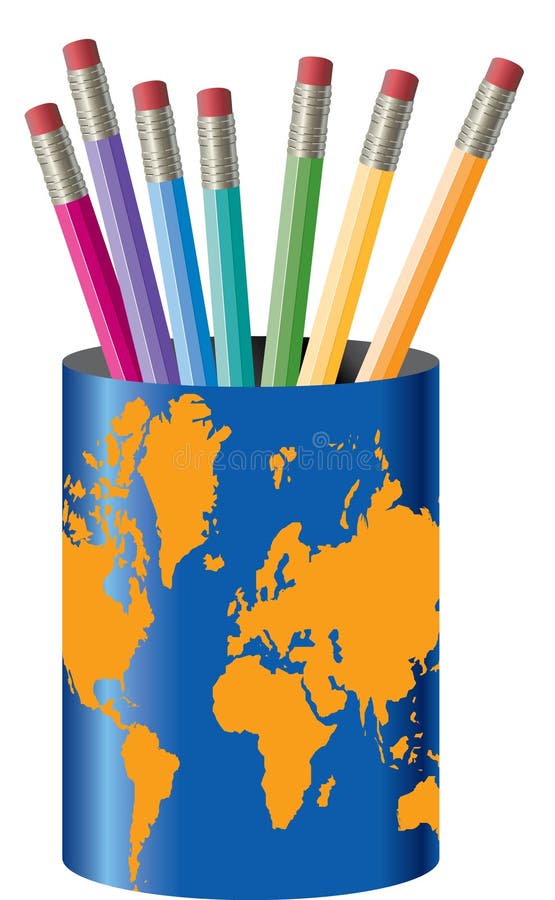 A global colored container holding an array of colored pencils isolated on a white background. Also available in vector format. A global colored container holding an array of colored pencils isolated on a white background. Also available in vector format.