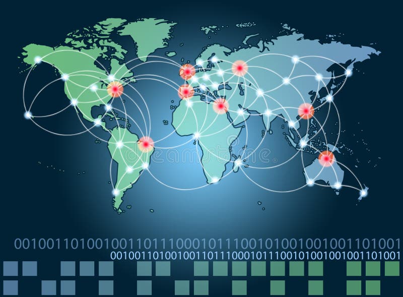 Global networking symbol of international comunication featuring a world map concept with connecting technology communities using computers and other digital devices. Global networking symbol of international comunication featuring a world map concept with connecting technology communities using computers and other digital devices