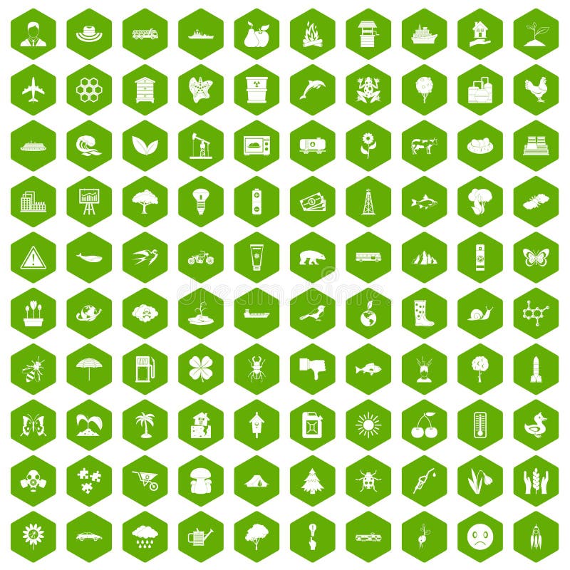 100 global warming icons set in green hexagon isolated vector illustration. 100 global warming icons set in green hexagon isolated vector illustration