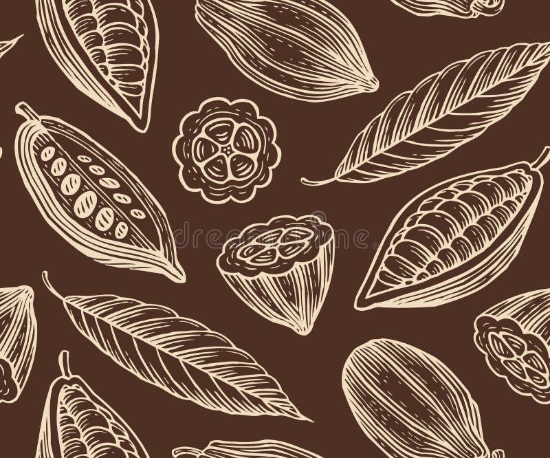 Engraved pattern of leaves and fruits of cocoa beans. Engraved pattern of leaves and fruits of cocoa beans
