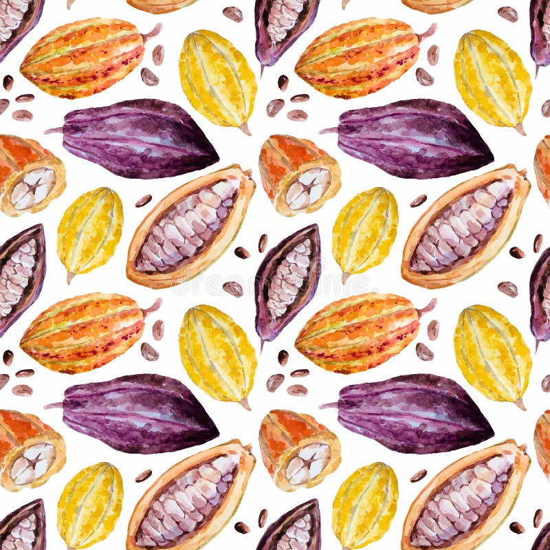 Beautiful pattern with nice hand drawn watercolor cocoa beans. Beautiful pattern with nice hand drawn watercolor cocoa beans