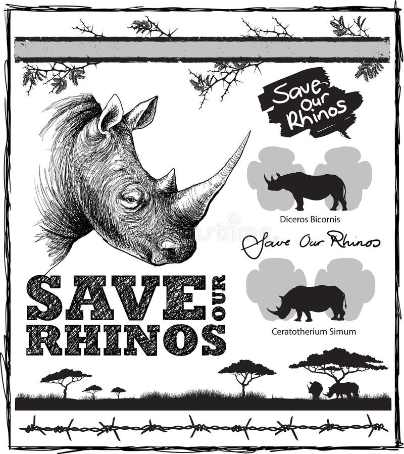 Design with rhino elements, thorns and barbed wire and message saying Save Our Rhinos. Two colour print. Design with rhino elements, thorns and barbed wire and message saying Save Our Rhinos. Two colour print