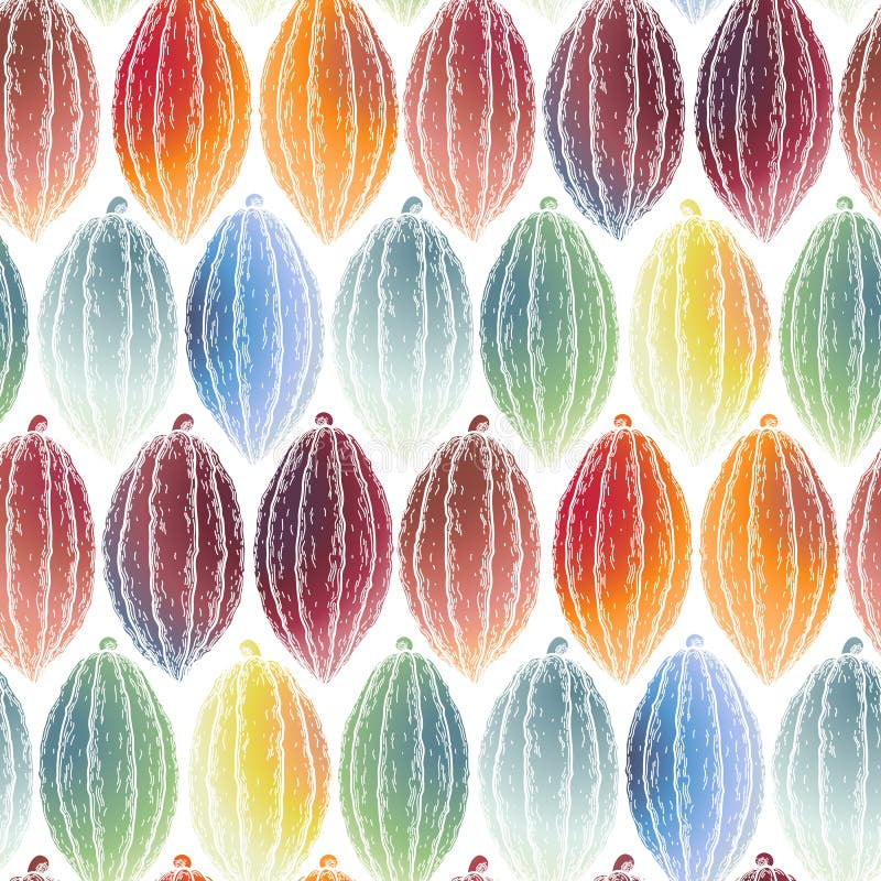 Watercolor cocoa fruits seamless pattern. Hand drawn exotic cacao plants in different color. Watercolor cocoa fruits seamless pattern. Hand drawn exotic cacao plants in different color