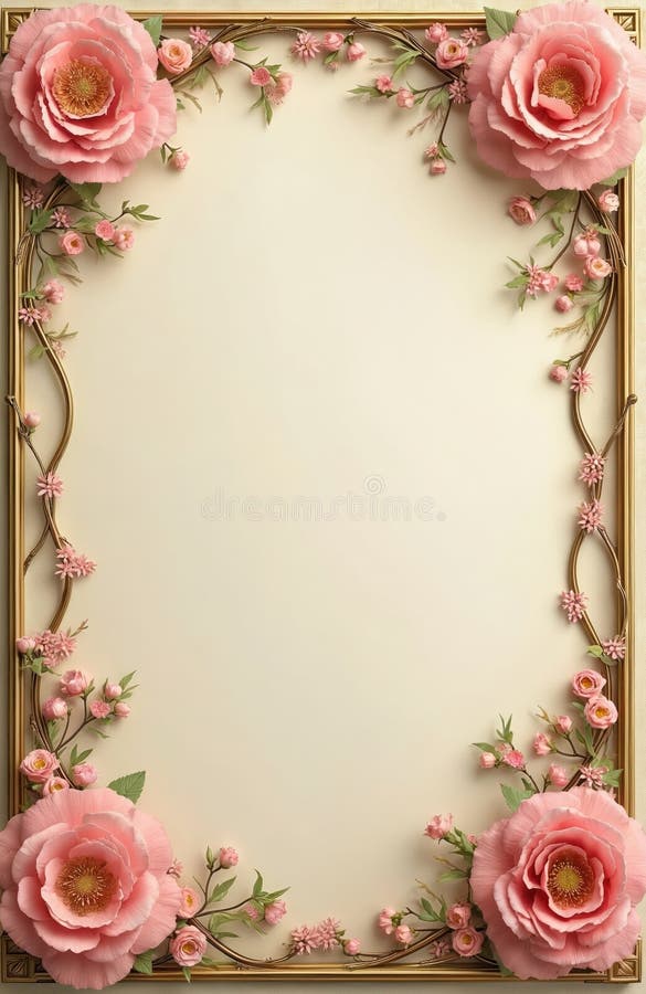 Σχέδιο Art Nouveau με χρυσό πλαίσιο με ροζ λουλούδια. Ο κενός χώρος στο εσωτερικό επιτρέπει ευέλικτη χρήση για ευχετήριες κάρτες στοκ φωτογραφίες με δικαίωμα ελεύθερης χρήσης