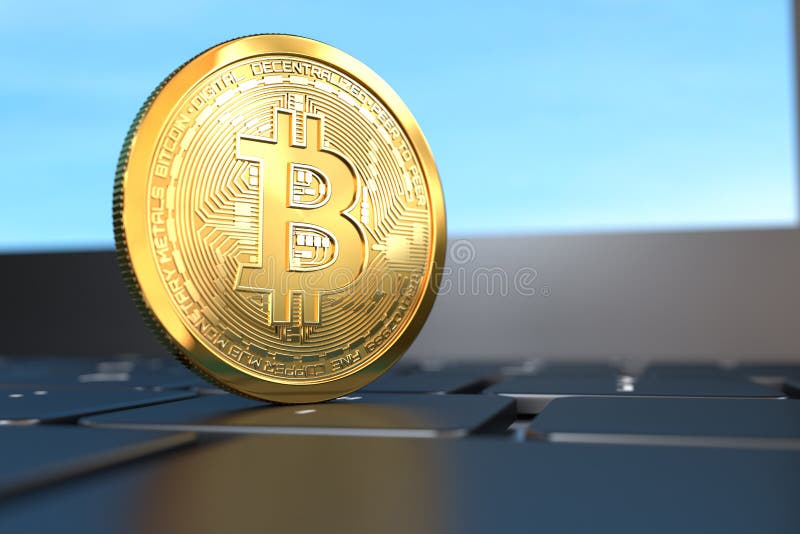 σχέδιο bitcoin σε κρυπτονόμισμα χρυσό νόμισμα στο πληκτρολόγιο του υπολογιστή απεικόνιση αποθεμάτων
