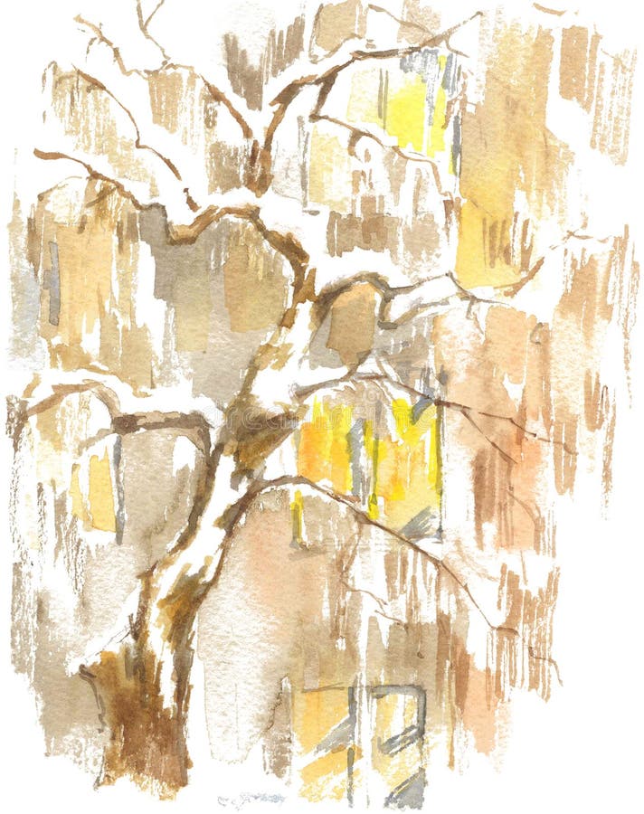 Σχέδιο Watercolor, απεικόνιση Άποψη των παραθύρων του σπιτιού διαμερισμάτων και του δέντρου κάτω από το χιόνι απεικόνιση αποθεμάτων Σχέδιο Watercolor, απεικόνιση Άποψη των παραθύρων του σπιτιού διαμερισμάτων και του δέντρου κάτω από το χιόνι απεικόνιση αποθεμάτων