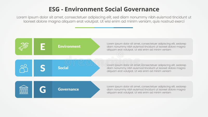 ESG frameworks infographic concept for slide presentation with rectangle arrow stack with 3 point list with flat style vector. ESG frameworks infographic concept for slide presentation with rectangle arrow stack with 3 point list with flat style vector