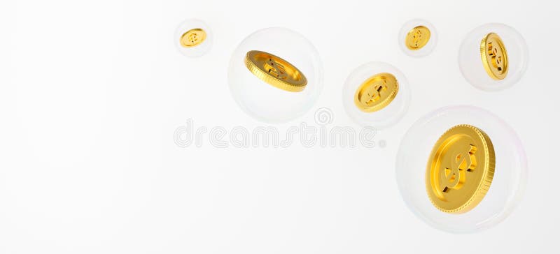 Σχέδιο απόδοσης 3d χρυσά νομίσματα που εμπίπτουν στο λευκό φόντο αφηρημένο για πτώση της αγοράς. πετάξτε χρήματα σε σαπούνι ή γυάλ απεικόνιση αποθεμάτων