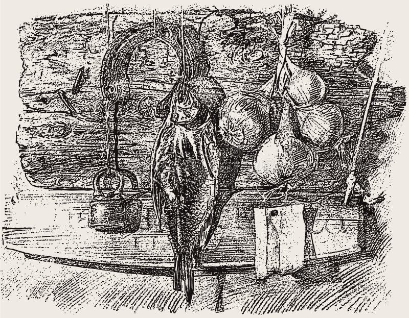 σχέδιο με το χέρι στην ύπαιθρο παραμένει ζωντανή με κρεμμύδια, ξερά πέταλα και λουκέτο κρεμασμένα σε ξύλινο τοίχο