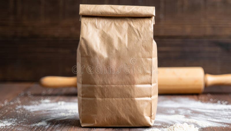 Σχέδιο συσκευασίας αλεύρου από χαρτί Kraft με πείρο κυλίνδρου πάνω σε ορθογραφικό τραπέζι ελεύθερη απεικόνιση δικαιώματος