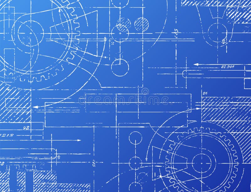 Grungy technical blueprint illustration on blue background. Grungy technical blueprint illustration on blue background