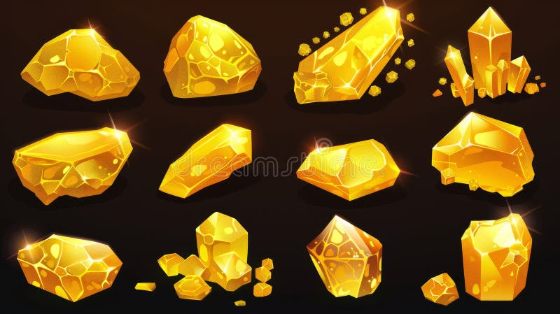 UI design for gold nuggets in games. Illustration of yellow glossy shiny precious stones. Gui assets of raw golden crystals. Expensive raw materials gem pieces.. AI generated. UI design for gold nuggets in games. Illustration of yellow glossy shiny precious stones. Gui assets of raw golden crystals. Expensive raw materials gem pieces.. AI generated