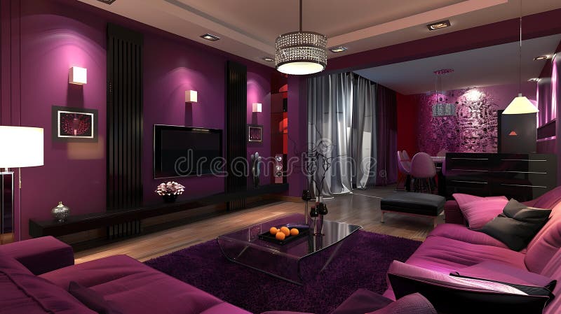 σχεδιασμός καθιστικού με περιεχόμενο viva magenta και σκοτεινοί τόνοι απεικόνιση αποθεμάτων
