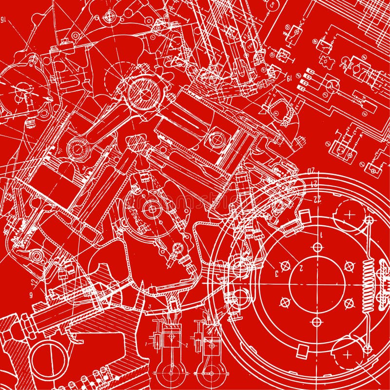 technical drawing or blueprint on red background. technical drawing or blueprint on red background