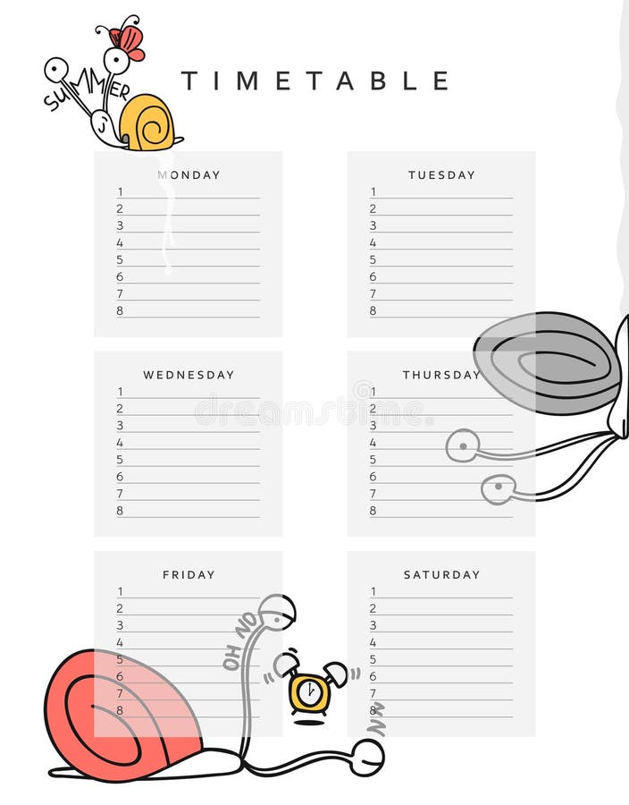 School schedules . School timetable with a funny snail doodle. Sheet schedules. School schedules . School timetable with a funny snail doodle. Sheet schedules