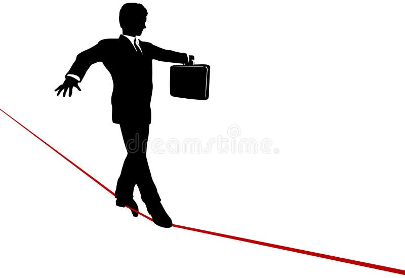 A business man walks a high wire tightrope, above risk and danger, the businessman balances with a briefcase. A business man walks a high wire tightrope, above risk and danger, the businessman balances with a briefcase.
