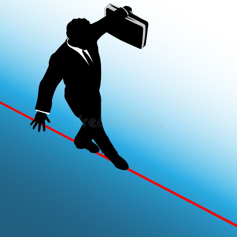 A business man balances with a briefcase, walks a high wire tightrope, above risk and danger, blue background. A business man balances with a briefcase, walks a high wire tightrope, above risk and danger, blue background.