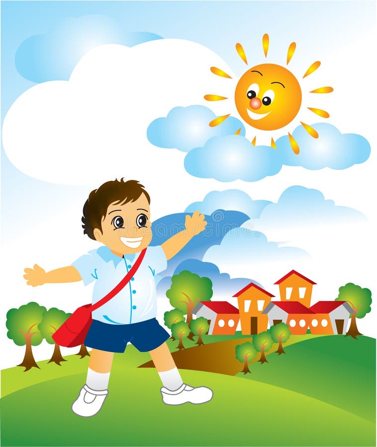 Illustration of a boy walking to school at the early morning. Illustration of a boy walking to school at the early morning