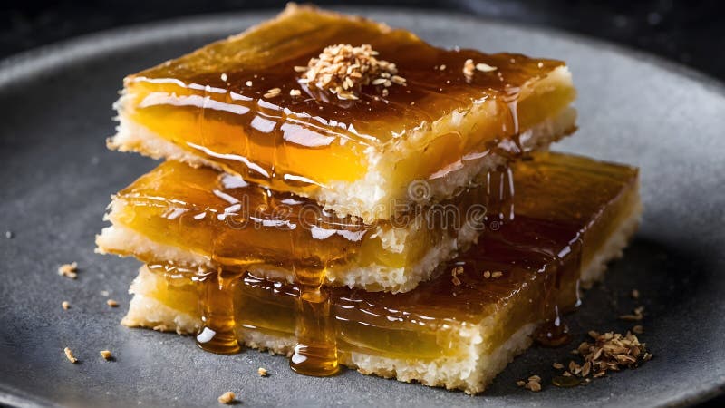 σωρευμένα slice basbousa : υγρό υγρό κέικ με γυαλιστερό σιρόπι στοκ εικόνα με δικαίωμα ελεύθερης χρήσης