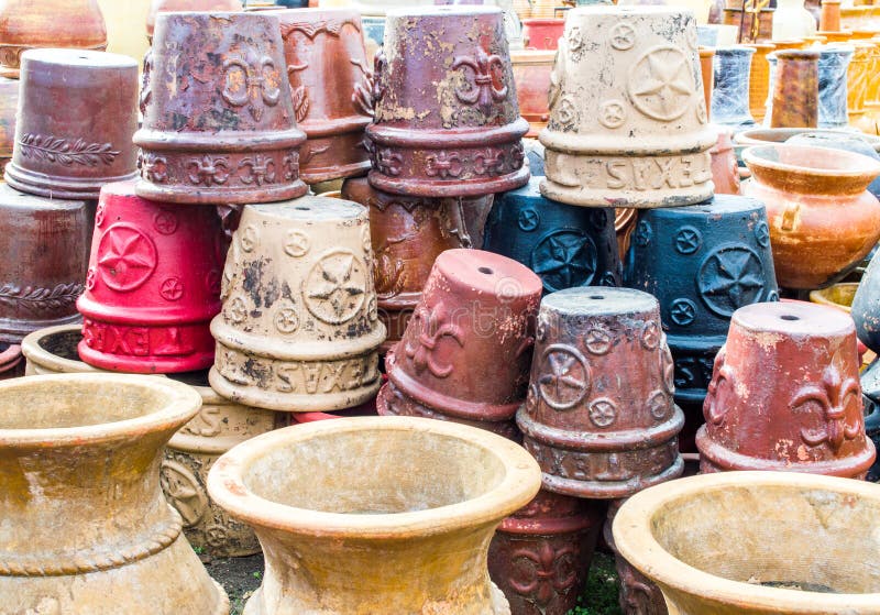 Stacks of decorative ceramic pots and containers for sale in the Boerne, Texas. Stacks of decorative ceramic pots and containers for sale in the Boerne, Texas