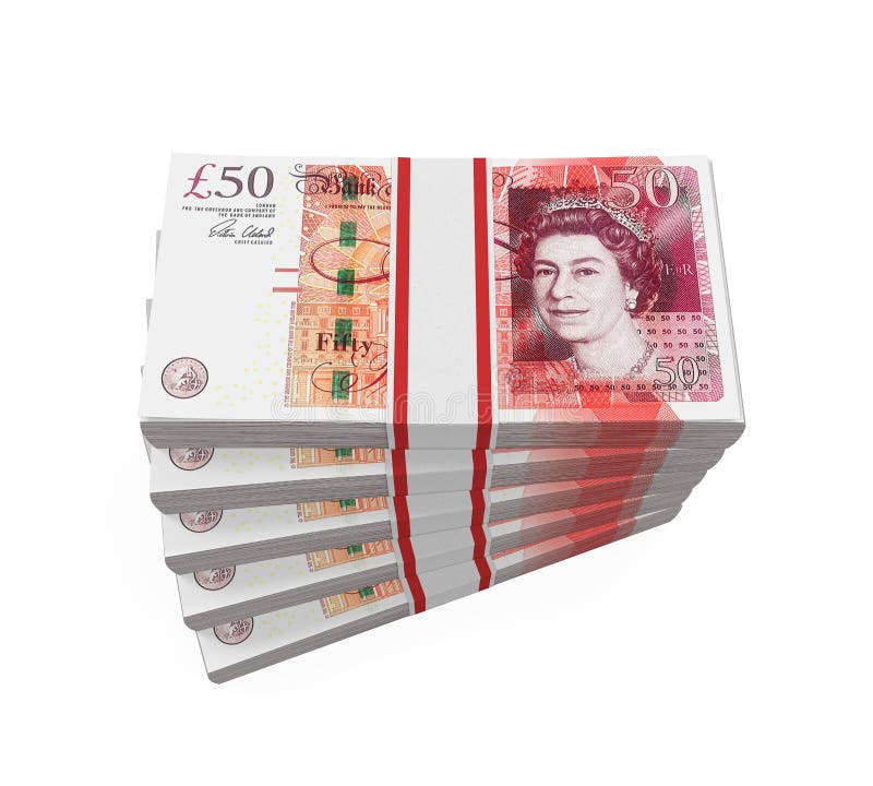 Stacks of 50 Pound Banknotes isolated on white background. 3D render. Stacks of 50 Pound Banknotes isolated on white background. 3D render