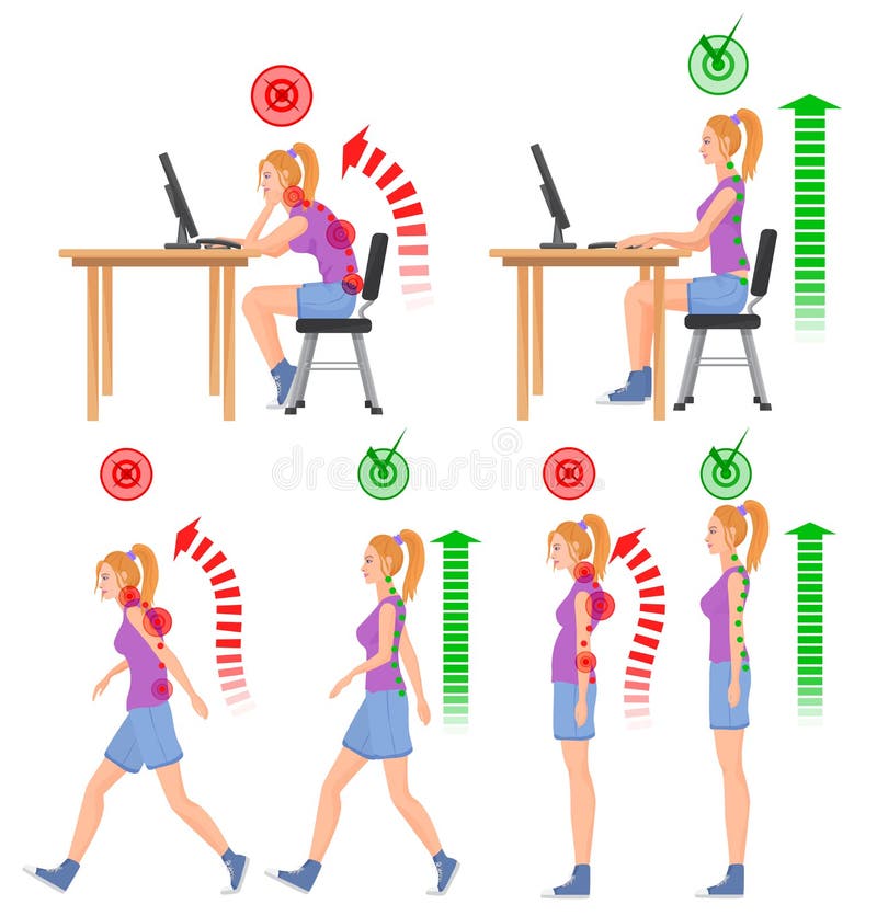 Correct and incorrect bad sitting and walking position. Walking woman. Sitting woman. Back pain feeling and spinal injuries. Correct and incorrect bad sitting and walking position. Walking woman. Sitting woman. Back pain feeling and spinal injuries