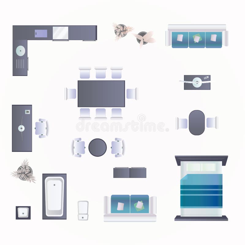 Modern furniture on white background. Design elements top view image realistic vector illustration. Modern furniture on white background. Design elements top view image realistic vector illustration.