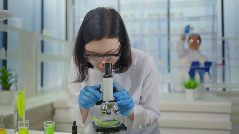 σύγχρονα εργαστηριακά ερευνητικά μικροσκόπια και δοκιμαστικοί σωλήνες με επιστήμονες φυτών με λευκό παλτό στο πορτρέτο εργασίας