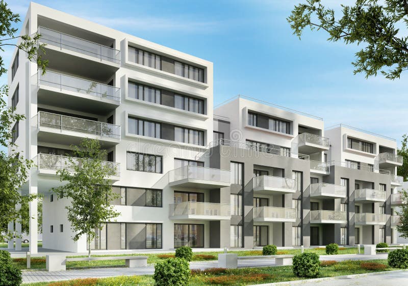 Σύγχρονες πολυκατοικίες σε μια πράσινη κατοικήσιμη περιοχή στην πόλη στοκ φωτογραφία