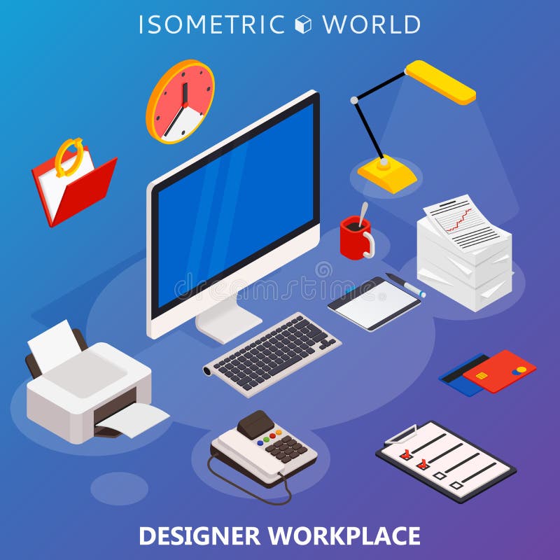 Σύγχρονη επίπεδη τρισδιάστατη isometric έννοια του εργασιακού χώρου με τον εξοπλισμό υπολογιστών και γραφείων διανυσματική απεικόνιση Σύγχρονη επίπεδη τρισδιάστατη isometric έννοια του εργασιακού χώρου με τον εξοπλισμό υπολογιστών και γραφείων διανυσματική απεικόνιση