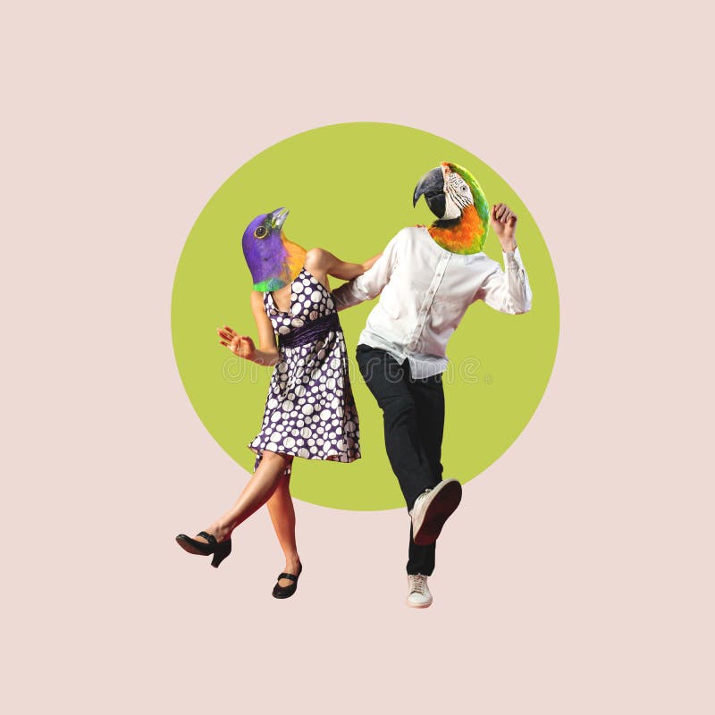 Freedom. Couple of dancers headed with birds heads dancing on bright studio background. Copy space for ad, text. Modern design. Conceptual, contemporary bright artcollage. Party time, fun mood. Freedom. Couple of dancers headed with birds heads dancing on bright studio background. Copy space for ad, text. Modern design. Conceptual, contemporary bright artcollage. Party time, fun mood.