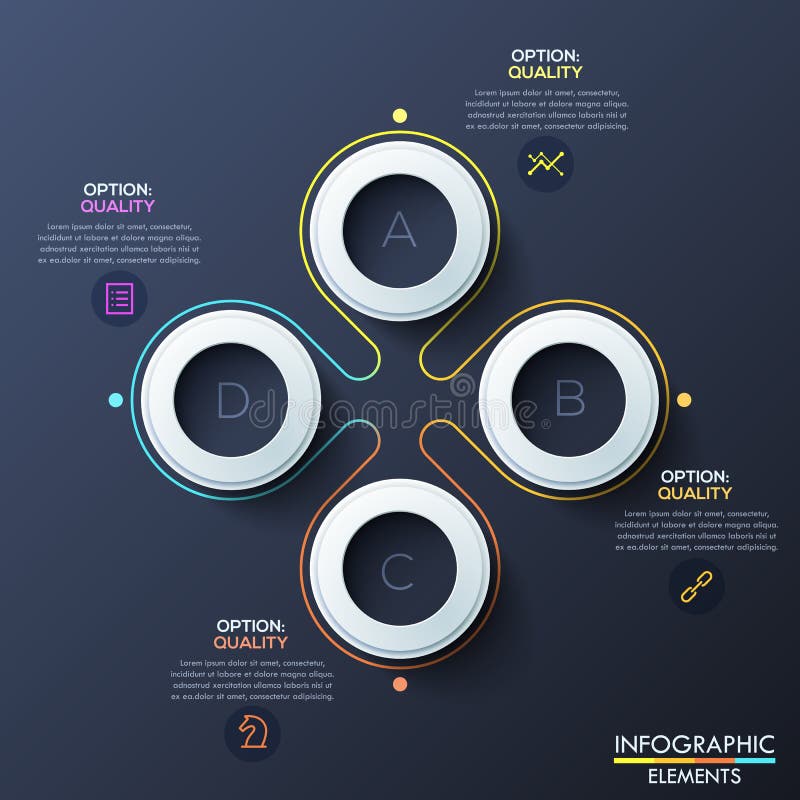 Σύγχρονο infographic πρότυπο σχεδίου με 4 άσπρες δαχτυλίδια και επιστολές μέσα, διάγραμμα πετάλων λουλουδιών διανυσματική απεικόνιση Σύγχρονο infographic πρότυπο σχεδίου με 4 άσπρες δαχτυλίδια και επιστολές μέσα, διάγραμμα πετάλων λουλουδιών διανυσματική απεικόνιση