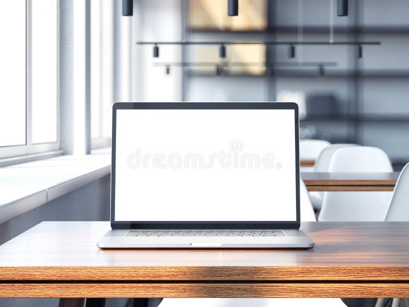 Σύγχρονο lap-top με την κενή οθόνη στον ξύλινο πίνακα τρισδιάστατη απόδοση απεικόνιση αποθεμάτων