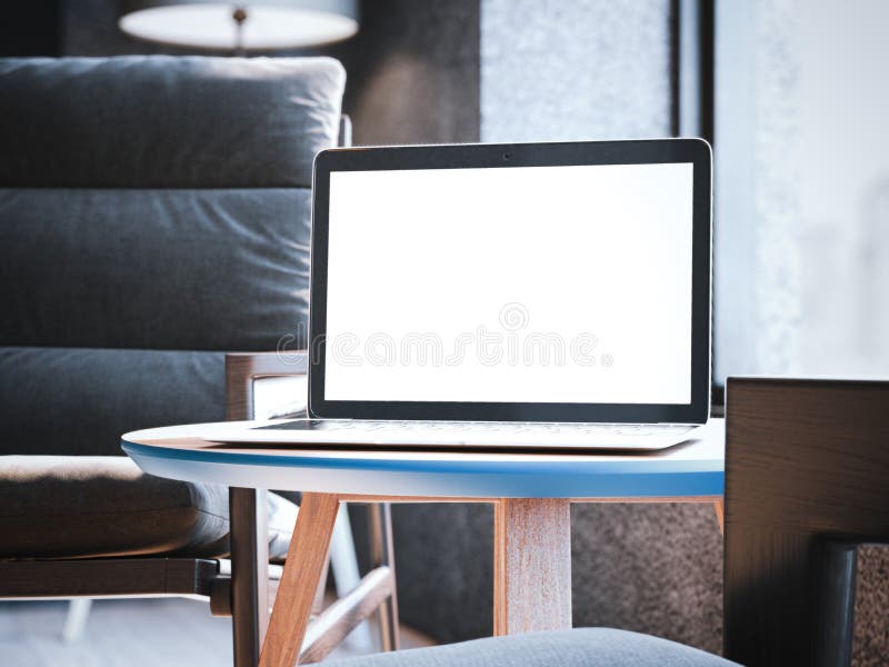Σύγχρονο lap-top στο μικρό τραπεζάκι σαλονιού τρισδιάστατη απόδοση διανυσματική απεικόνιση