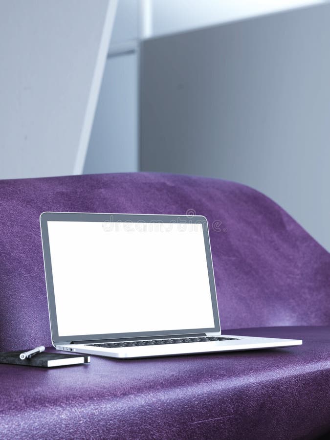 Σύγχρονο lap-top στο μοντέρνο καναπέ τρισδιάστατη απόδοση στοκ εικόνες με δικαίωμα ελεύθερης χρήσης Σύγχρονο lap-top στο μοντέρνο καναπέ τρισδιάστατη απόδοση στοκ εικόνες με δικαίωμα ελεύθερης χρήσης