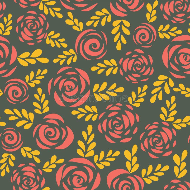 Σύγχρονο αφηρημένο επίπεδο κόκκινο χρυσό άνευ ραφής διανυσματικό υπόβαθρο τριαντάφυλλων και φύλλων floral σκιαγραφίες Σχέδιο λουλ